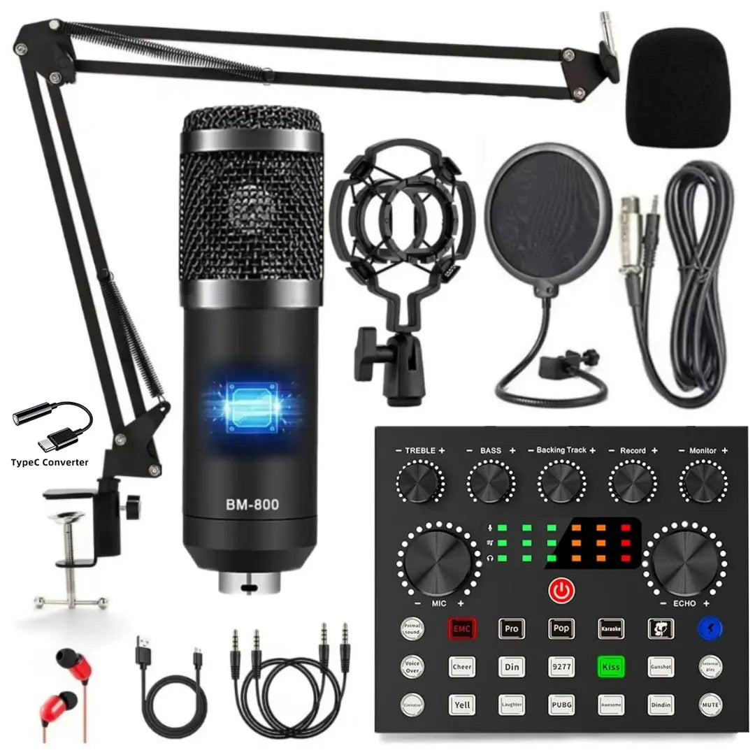 Safring Podcast Equipment Bundle, BM800 Podcast Usb Rechargeable Microphone Bundle with V8S Voice Change#R, Condenser Microphone Recording Studio Package for Podcasting Live Streaming Singing Tiktok Youtube Dynamic Mic Sound Card Desk Clamp #Summervibes
