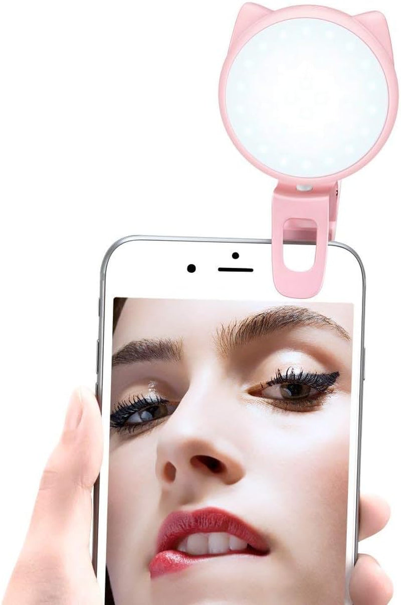 Selfie Clip on Ring Light, Mini Rechargeable 9 Level Adjustable Brightness Modes with 32 LED, 2-8 Hours, USB Flash Lighting for Iphone/Android, Cell Phone Photography,Video, Vlogging - Pink