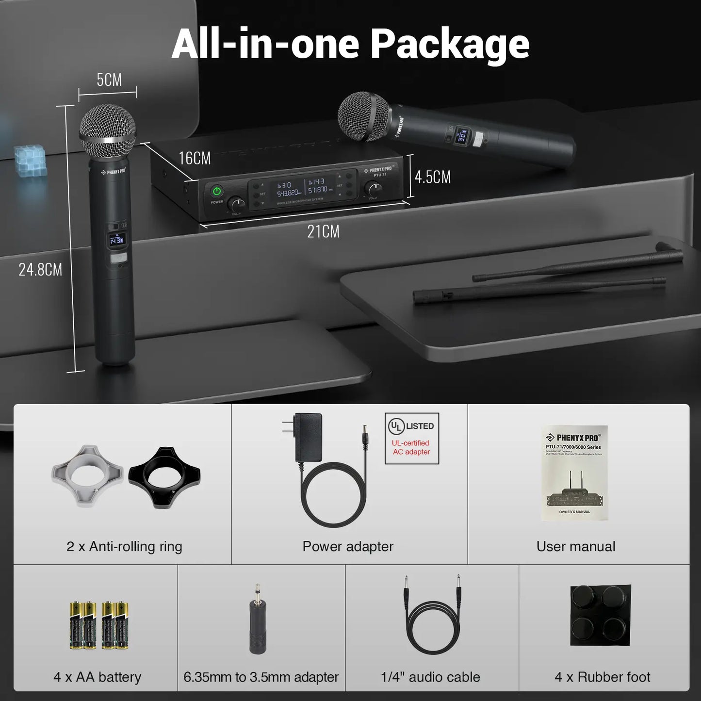 Phenyx Pro PTU-71-2H Dual Wireless 500Mhz Microphone System – 2 Handheld Mics, 328Ft UHF Range, Auto Scan & IR Sync, 2X100 Adjustable Frequencies, Dynamic Mics for Singing, Church, Karaoke, Events