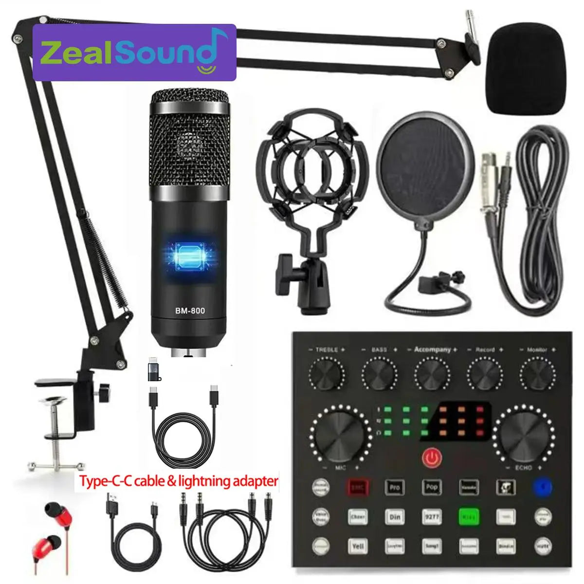 Zealsound Podcast Equipment Bundle, BM800 Podcast Microphone Bundle with V8S Voice Changer, Condenser Microphone Recording Studio Package for Podcasting Live Streaming Singing PC Mobile Tiktok Youtube