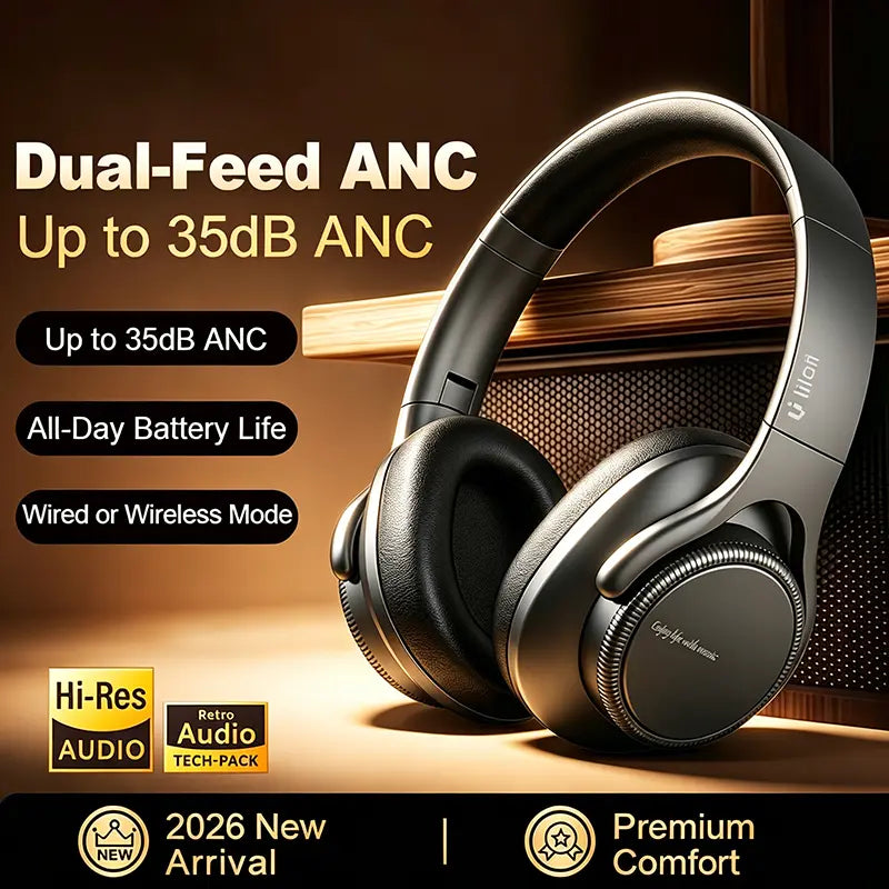 ANC Wireless over Ear Headphones Bluetooth 5.4 35Db Dual Feed Noise Cancelling Hi-Res Stereo Deep Bass Foldable Portable Headset 60H Long Playtime Wired Wireless Dual Mode Soft Memory Foam Earpads Built-In Mic Low Latency Headphones for Travel Work Study