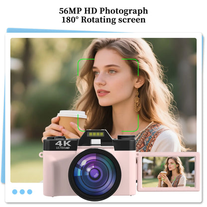 4K 56MP Vlogging Camera with 180° Flip Screen, Compact Camera with 16X Digital Zoom, 32GB TF Card, Summer Gift(Black)