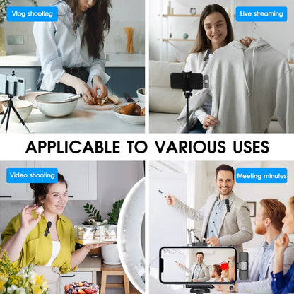 Dual Wireless Lavalier Microphone Set for iPhone and iPad, Plug-and-Play 2.4G Ultra-Low Latency with Integrated Noise Reduction for Video Recording, Interviews, Podcasts, and Vlogs