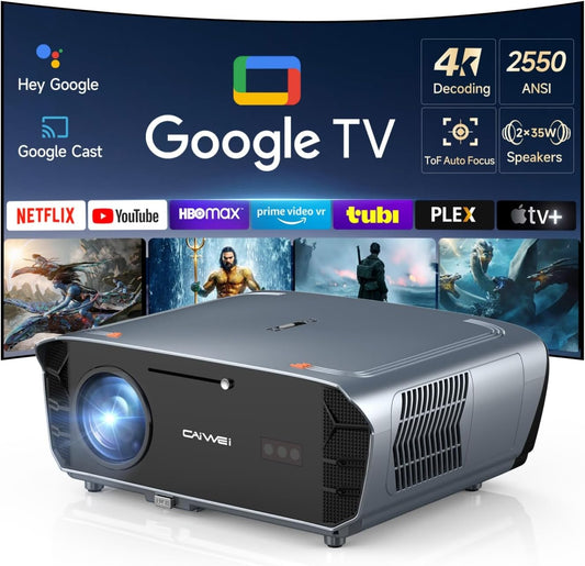 2550 ANSI High Lumens Projector 4K UHD Smart Google TV for Indoor/Outdoor | 35W×2 Speakers Doiby Audio, Tof + CMOS Auto Focus, Shorter Throw, HDMI ARC, Wifi6 Bluetooth, Nfc/Voice Control, Home Theater
