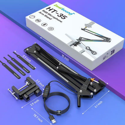 RGB Microphone Boom Arm Stand, Adjustable Heavy Duty Metal Desk Mic Arm for Gaming, Streaming and Content Creation