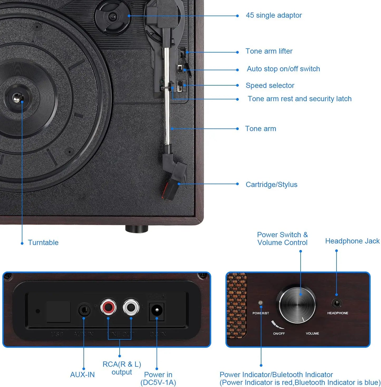 Vinyl Record Player, Turntable with Built-In Bluetooth Receiver & 2 Stereo Speakers, 3 Speed 3 Size Portable Retro Record, Gift for Women and Men
