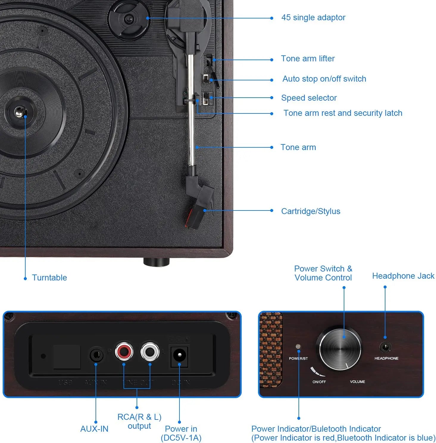 Vinyl Record Player, Turntable with Built-In Bluetooth Receiver & 2 Stereo Speakers, 3 Speed 3 Size Portable Retro Record, Gift for Women and Men