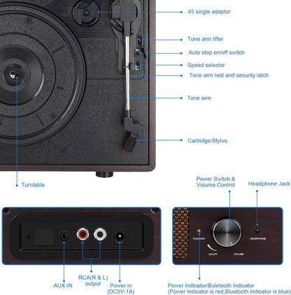 Vinyl Record Player, Turntable with Built-In Bluetooth Receiver & 2 Stereo Speakers, 3 Speed 3 Size Portable Retro Record, Gift for Women and Men