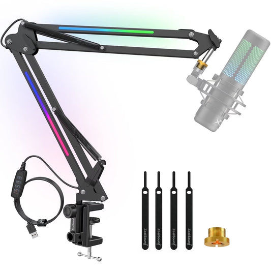 RGB Microphone Boom Arm Stand, Adjustable Heavy Duty Metal Desk Mic Arm for Gaming, Streaming and Content Creation