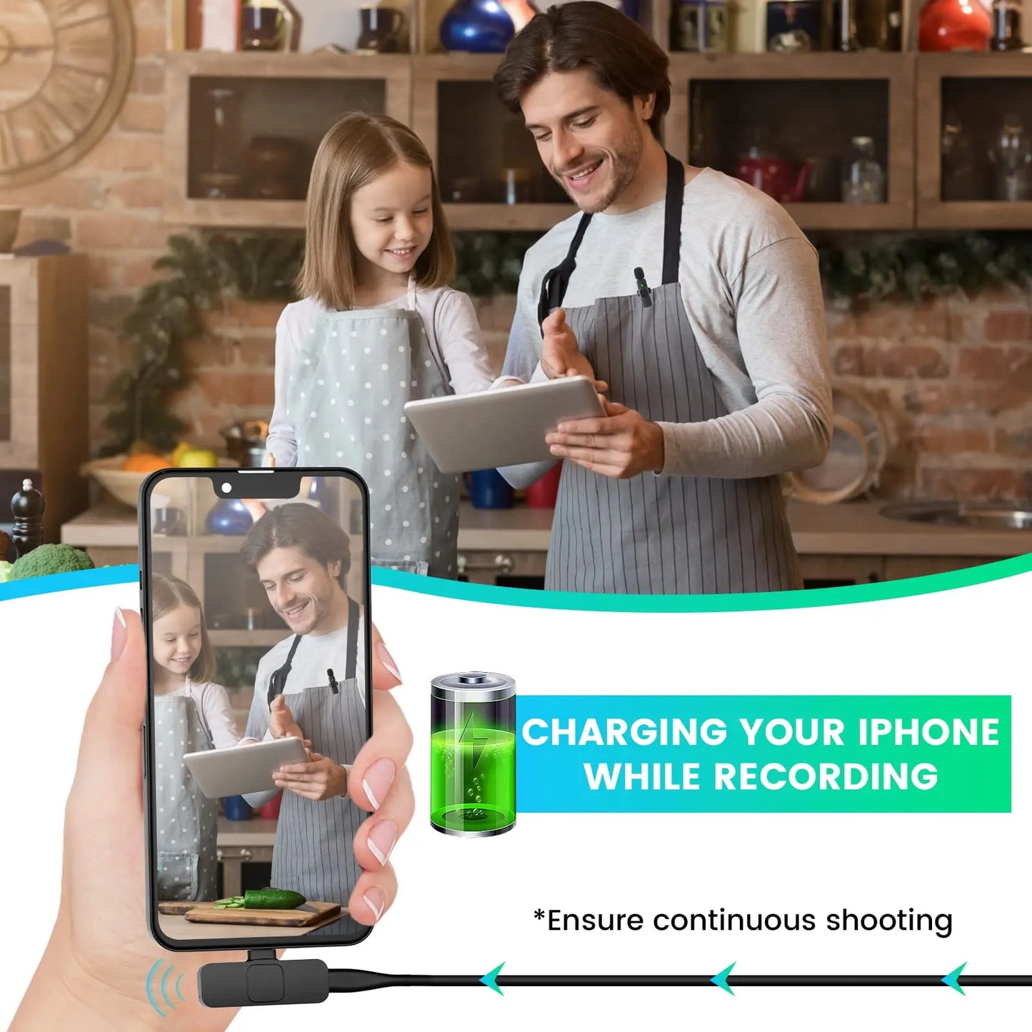 Dual Wireless Lavalier Microphone Set for iPhone and iPad, Plug-and-Play 2.4G Ultra-Low Latency with Integrated Noise Reduction for Video Recording, Interviews, Podcasts, and Vlogs