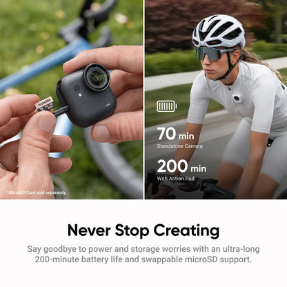 Insta360 GO Ultra Creator Bundle - Small 4K Vlogging Camera, Hands-Free, POV Cam, 1/1.28" Sensor, 53G Lightweight, 156° FOV, 200 Min Battery Life, Magnetic Wearable Action Camera for Sports, Vlog