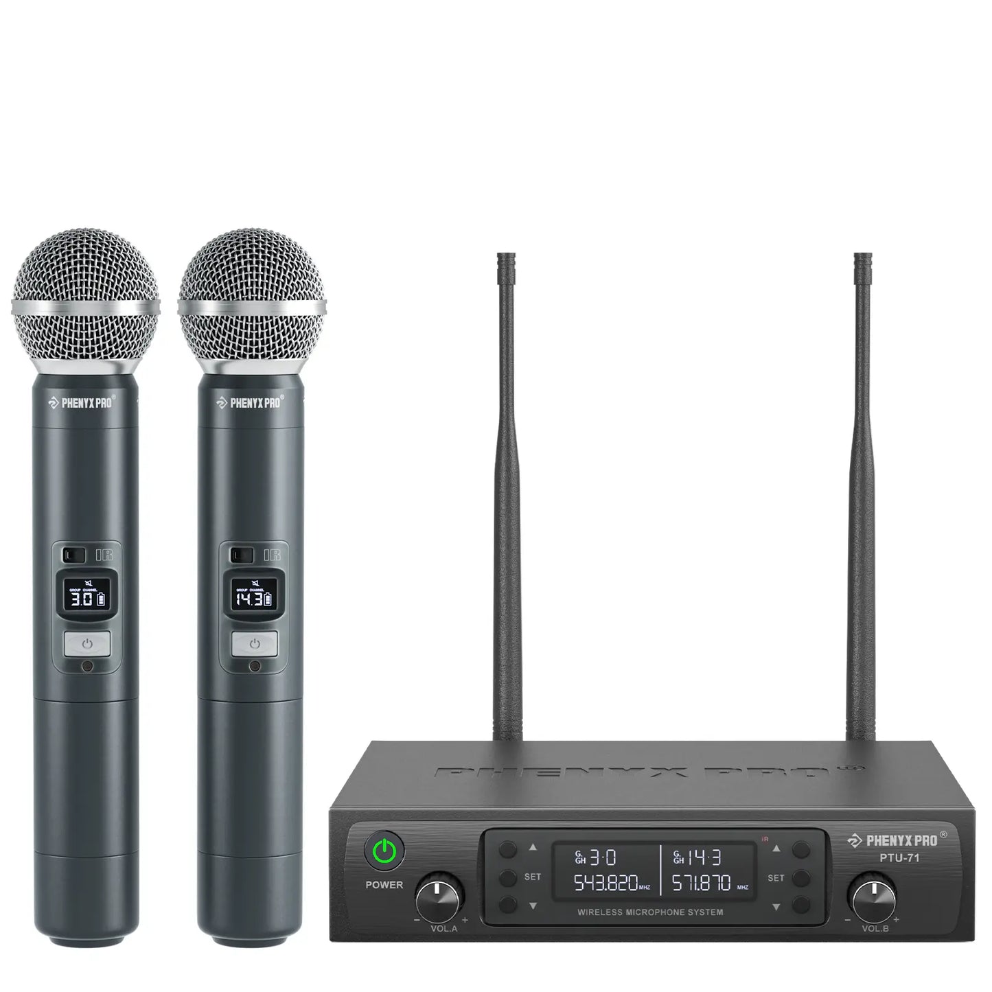 Phenyx Pro PTU-71-2H Dual Wireless 500Mhz Microphone System – 2 Handheld Mics, 328Ft UHF Range, Auto Scan & IR Sync, 2X100 Adjustable Frequencies, Dynamic Mics for Singing, Church, Karaoke, Events