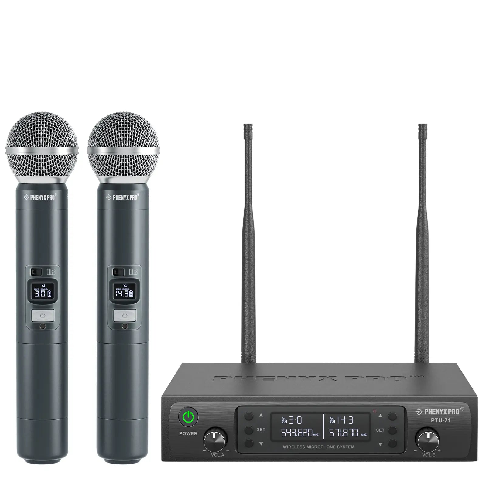Phenyx Pro PTU-71-2H Dual Wireless 500Mhz Microphone System – 2 Handheld Mics, 328Ft UHF Range, Auto Scan & IR Sync, 2X100 Adjustable Frequencies, Dynamic Mics for Singing, Church, Karaoke, Events