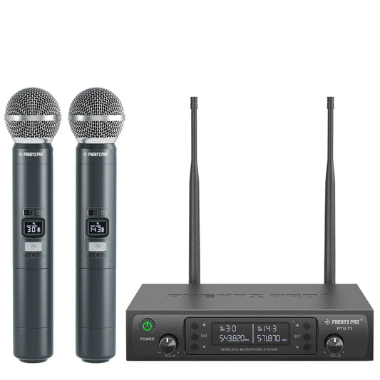 Phenyx Pro PTU-71-2H Dual Wireless 500Mhz Microphone System – 2 Handheld Mics, 328Ft UHF Range, Auto Scan & IR Sync, 2X100 Adjustable Frequencies, Dynamic Mics for Singing, Church, Karaoke, Events