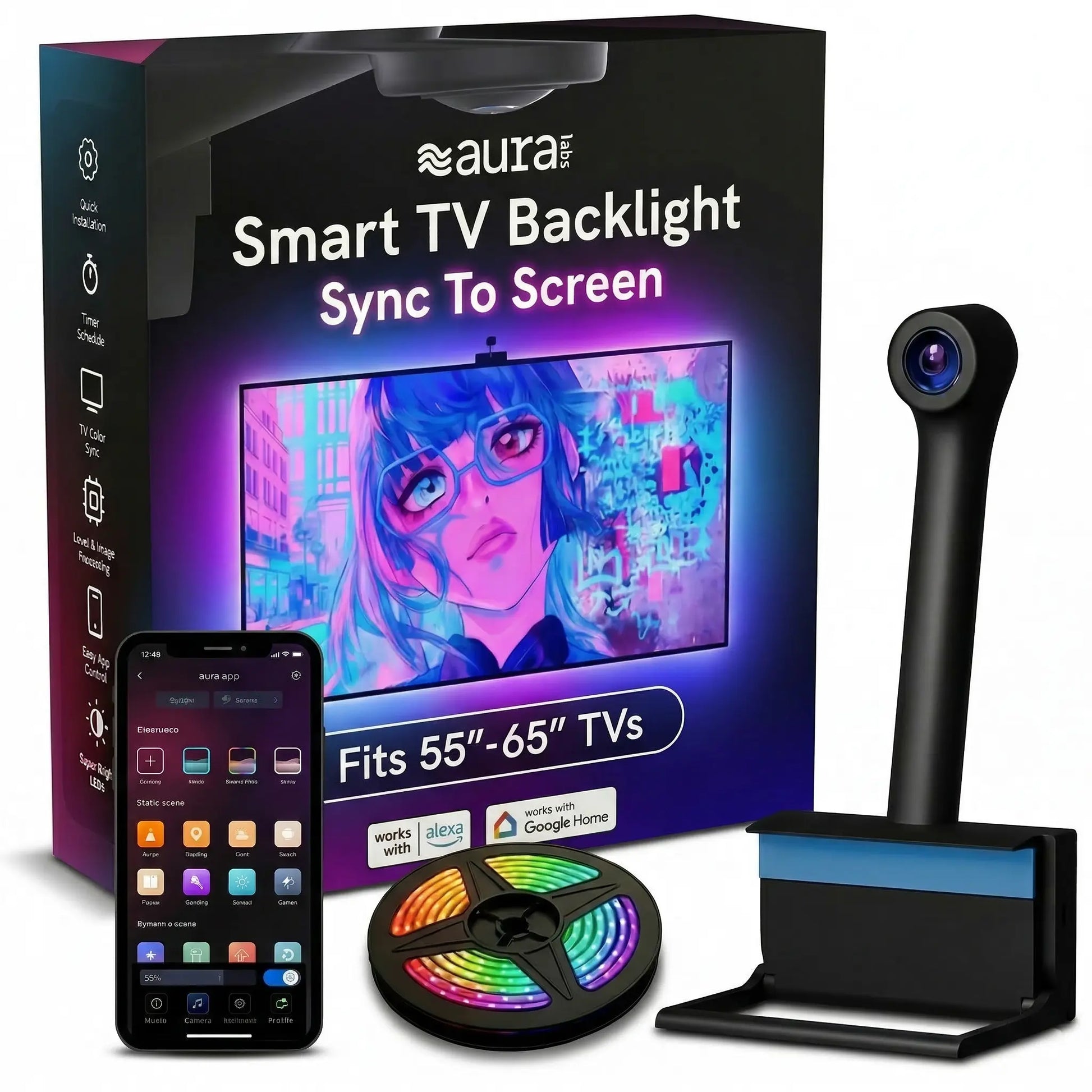 Aura TV Backlight for 40-85In TV LED Light Strip with Color Sync Technology for Immersive TV Light Adjustable RGBIC Lighting Music Visualizer App Control Customizable Scenes