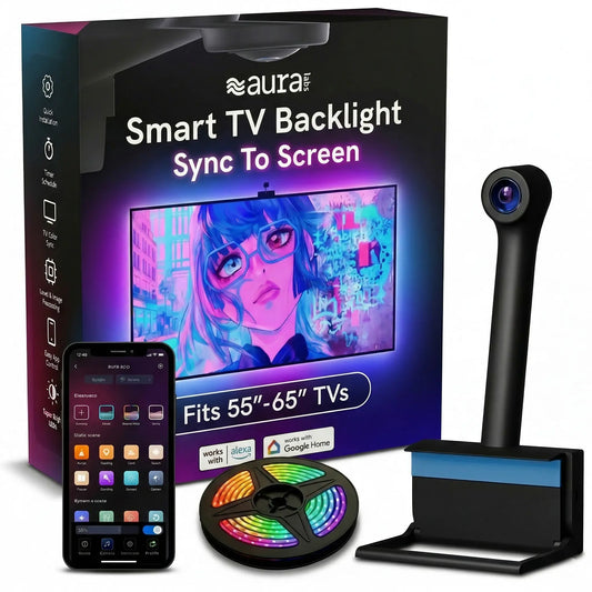 Aura TV Backlight for 40-85In TV LED Light Strip with Color Sync Technology for Immersive TV Light Adjustable RGBIC Lighting Music Visualizer App Control Customizable Scenes