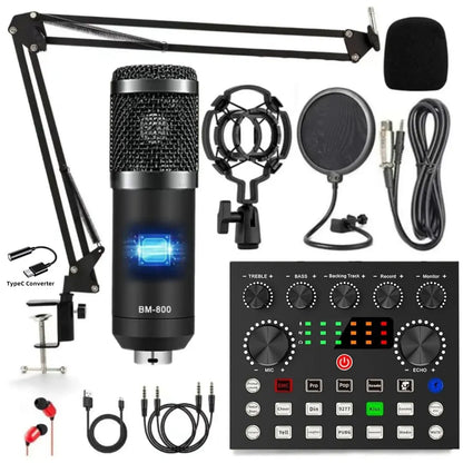 Safring Podcast Equipment Bundle, BM800 Podcast Usb Rechargeable Microphone Bundle with V8S Voice Change#R, Condenser Microphone Recording Studio Package for Podcasting Live Streaming Singing Tiktok Youtube Dynamic Mic Sound Card Desk Clamp #Summervibes
