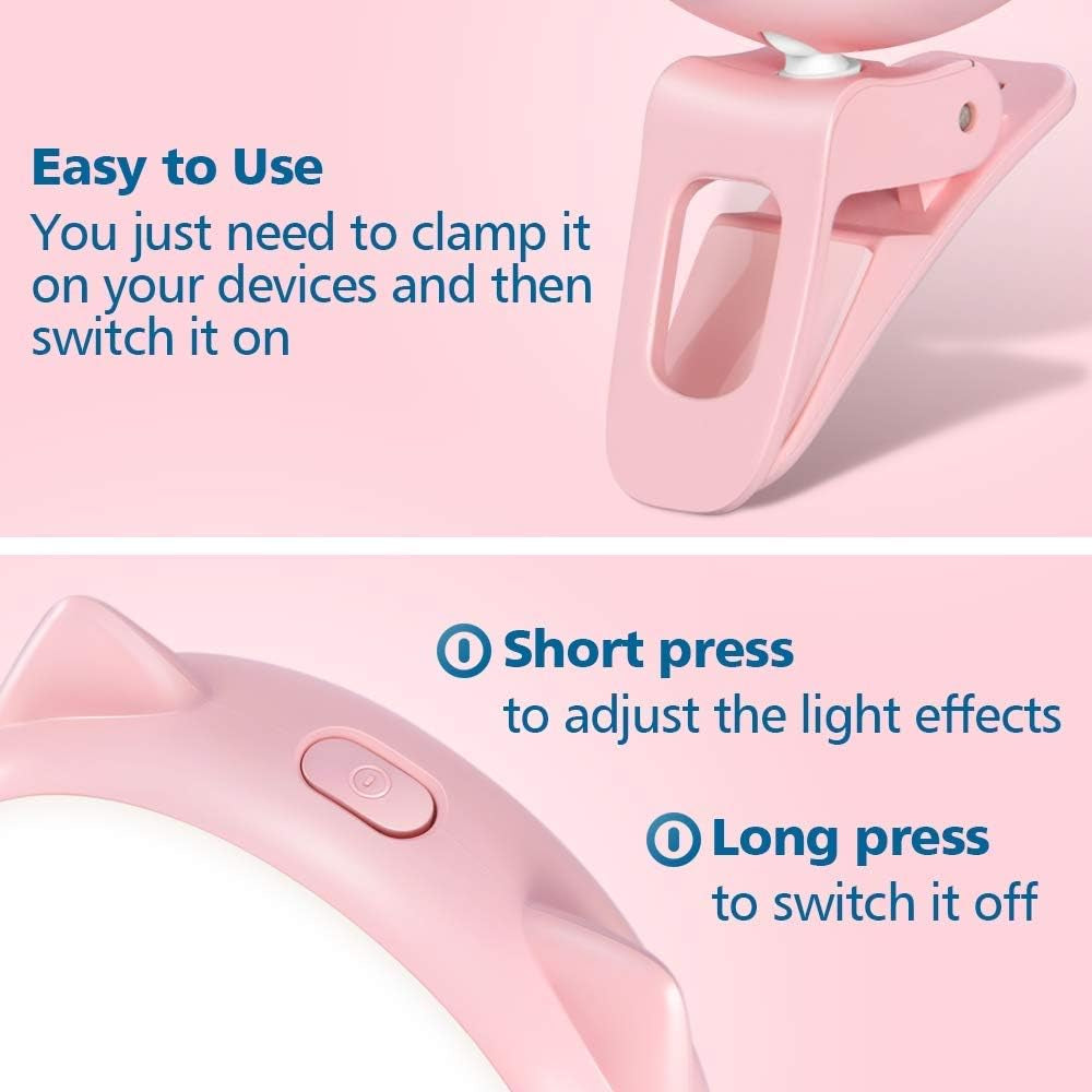 Selfie Clip on Ring Light, Mini Rechargeable 9 Level Adjustable Brightness Modes with 32 LED, 2-8 Hours, USB Flash Lighting for Iphone/Android, Cell Phone Photography,Video, Vlogging - Pink
