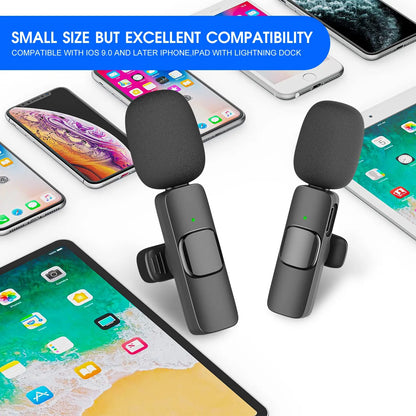 Dual Wireless Lavalier Microphone Set for iPhone and iPad, Plug-and-Play 2.4G Ultra-Low Latency with Integrated Noise Reduction for Video Recording, Interviews, Podcasts, and Vlogs