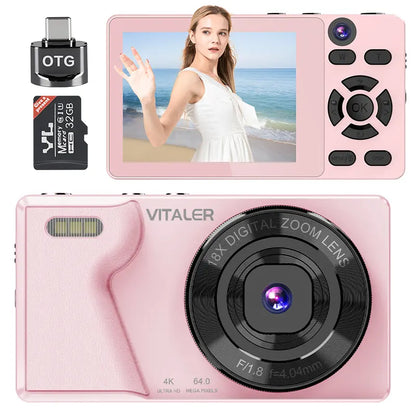 Dual-Camera Digital Camera with Retro CCD, 4K HD, Built-In Portrait and Beauty Filters, Compact Design for Vlogging and Photography