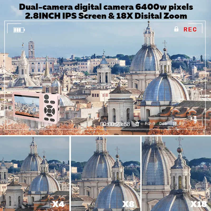 Dual-Camera Digital Camera with Retro CCD, 4K HD, Built-In Portrait and Beauty Filters, Compact Design for Vlogging and Photography