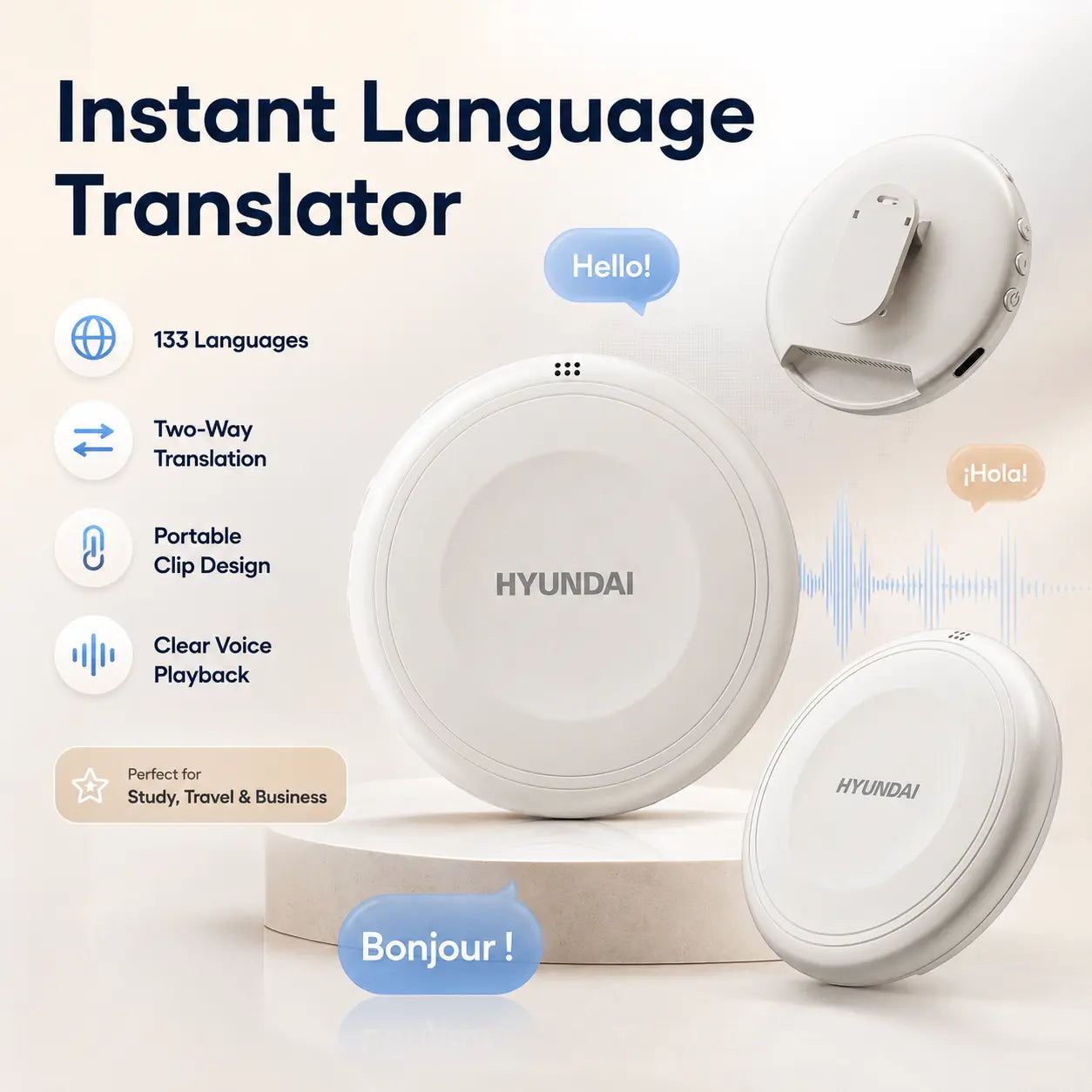 HYUNDAI TS1 Smart Translator Speaker, Real-Time Translation in 133 Languages for Travel, Business & Learning,Languages Practice Companion