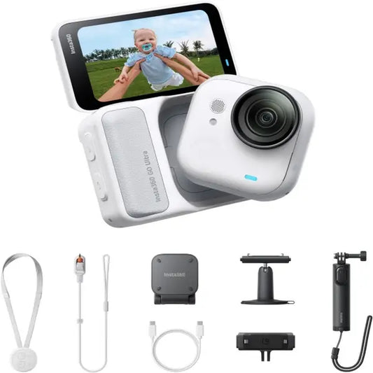 Insta360 GO Ultra Creator Bundle - Small 4K Vlogging Camera, Hands-Free, POV Cam, 1/1.28" Sensor, 53G Lightweight, 156° FOV, 200 Min Battery Life, Magnetic Wearable Action Camera for Sports, Vlog