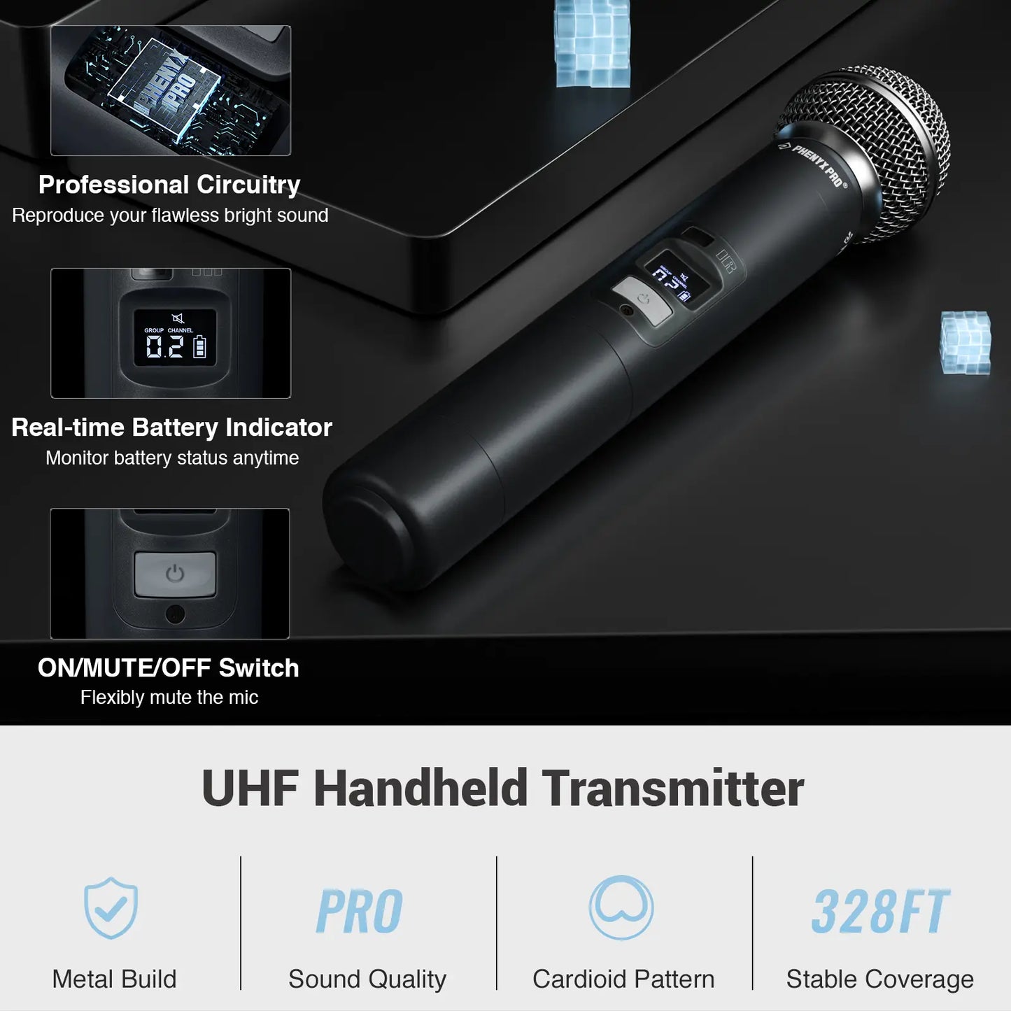 Phenyx Pro PTU-71-2H Dual Wireless 500Mhz Microphone System – 2 Handheld Mics, 328Ft UHF Range, Auto Scan & IR Sync, 2X100 Adjustable Frequencies, Dynamic Mics for Singing, Church, Karaoke, Events
