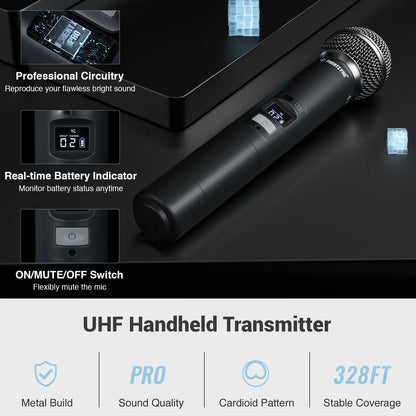Phenyx Pro PTU-71-2H Dual Wireless 500Mhz Microphone System – 2 Handheld Mics, 328Ft UHF Range, Auto Scan & IR Sync, 2X100 Adjustable Frequencies, Dynamic Mics for Singing, Church, Karaoke, Events