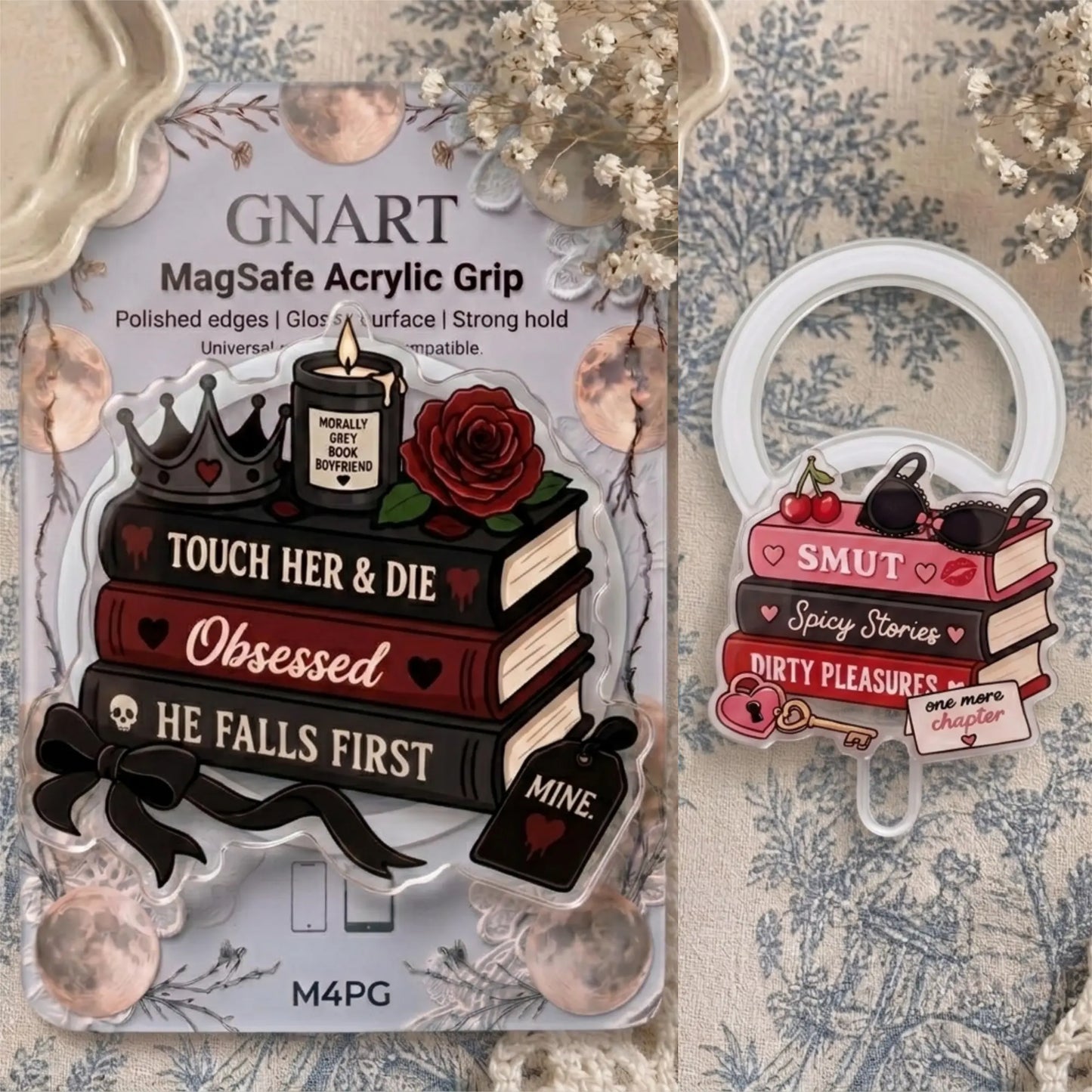 Book Lover Phone Grip Set – Aesthetic Romance Novel Pop Socket, 'Morally Grey' & Spicy Book Themed Phone Holder, Collapsible Smartphone Stand, Unique Gift for Readers