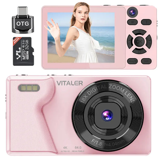 Dual-Camera Digital Camera with Retro CCD, 4K HD, Built-In Portrait and Beauty Filters, Compact Design for Vlogging and Photography