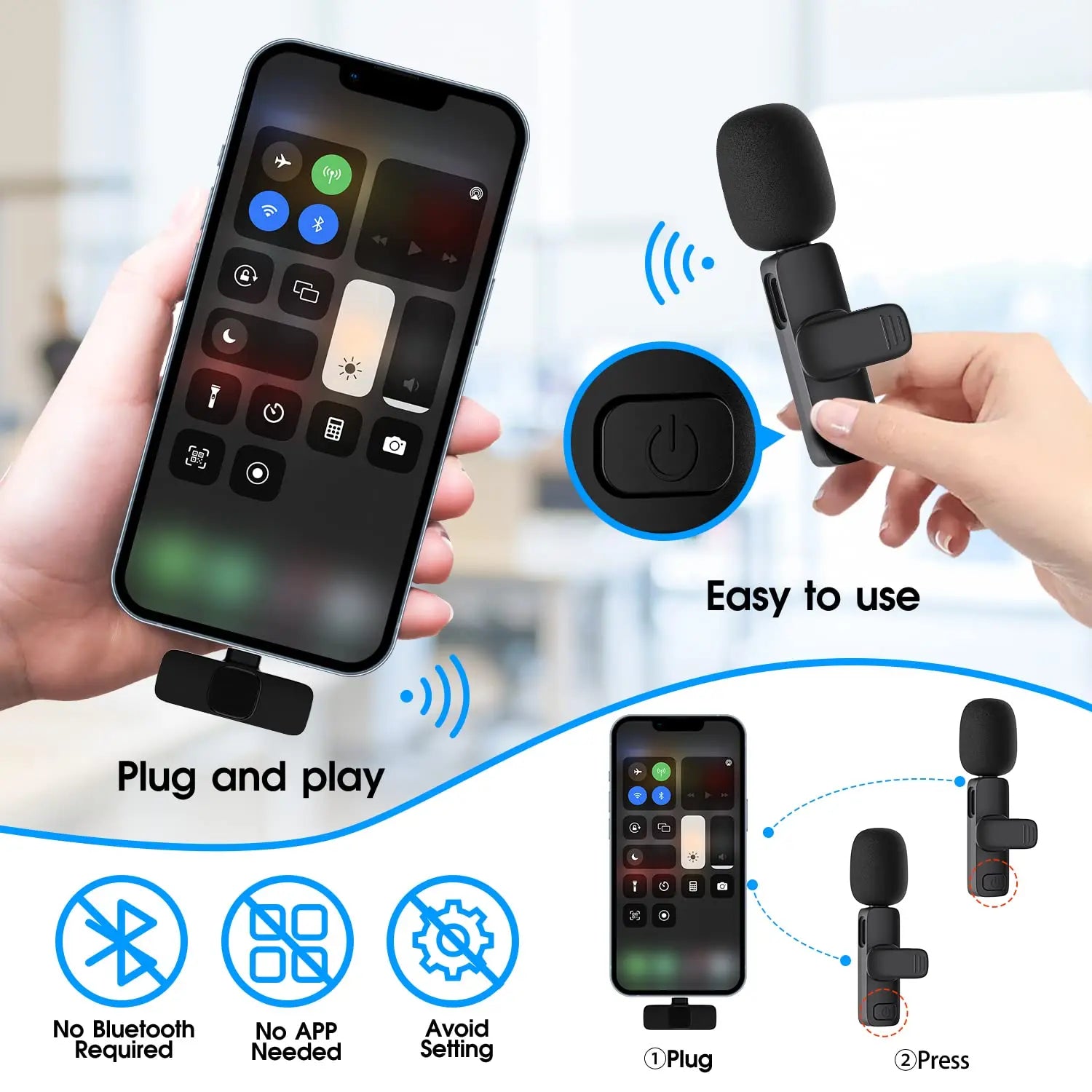 Dual Wireless Lavalier Microphone Set for iPhone and iPad, Plug-and-Play 2.4G Ultra-Low Latency with Integrated Noise Reduction for Video Recording, Interviews, Podcasts, and Vlogs
