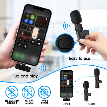 Dual Wireless Lavalier Microphone Set for iPhone and iPad, Plug-and-Play 2.4G Ultra-Low Latency with Integrated Noise Reduction for Video Recording, Interviews, Podcasts, and Vlogs