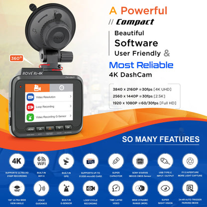 ROVE R2-4K Dash Cam with 4K Ultra HD, Super Night Vision Technology and Built-In Wifi 6, GPS