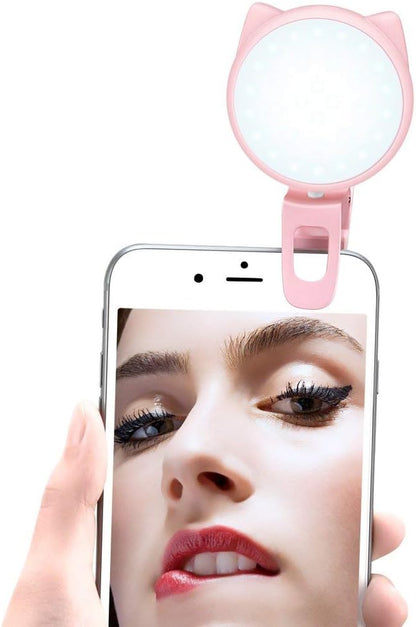 Selfie Clip on Ring Light, Mini Rechargeable 9 Level Adjustable Brightness Modes with 32 LED, 2-8 Hours, USB Flash Lighting for Iphone/Android, Cell Phone Photography,Video, Vlogging - Pink