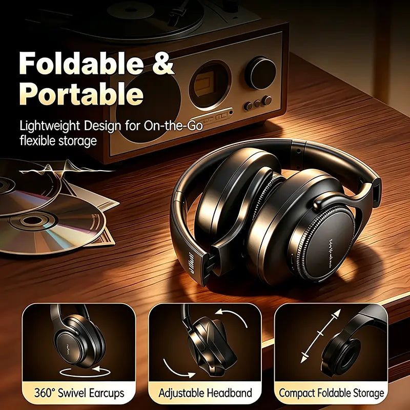 ANC Wireless over Ear Headphones Bluetooth 5.4 35Db Dual Feed Noise Cancelling Hi-Res Stereo Deep Bass Foldable Portable Headset 60H Long Playtime Wired Wireless Dual Mode Soft Memory Foam Earpads Built-In Mic Low Latency Headphones for Travel Work Study