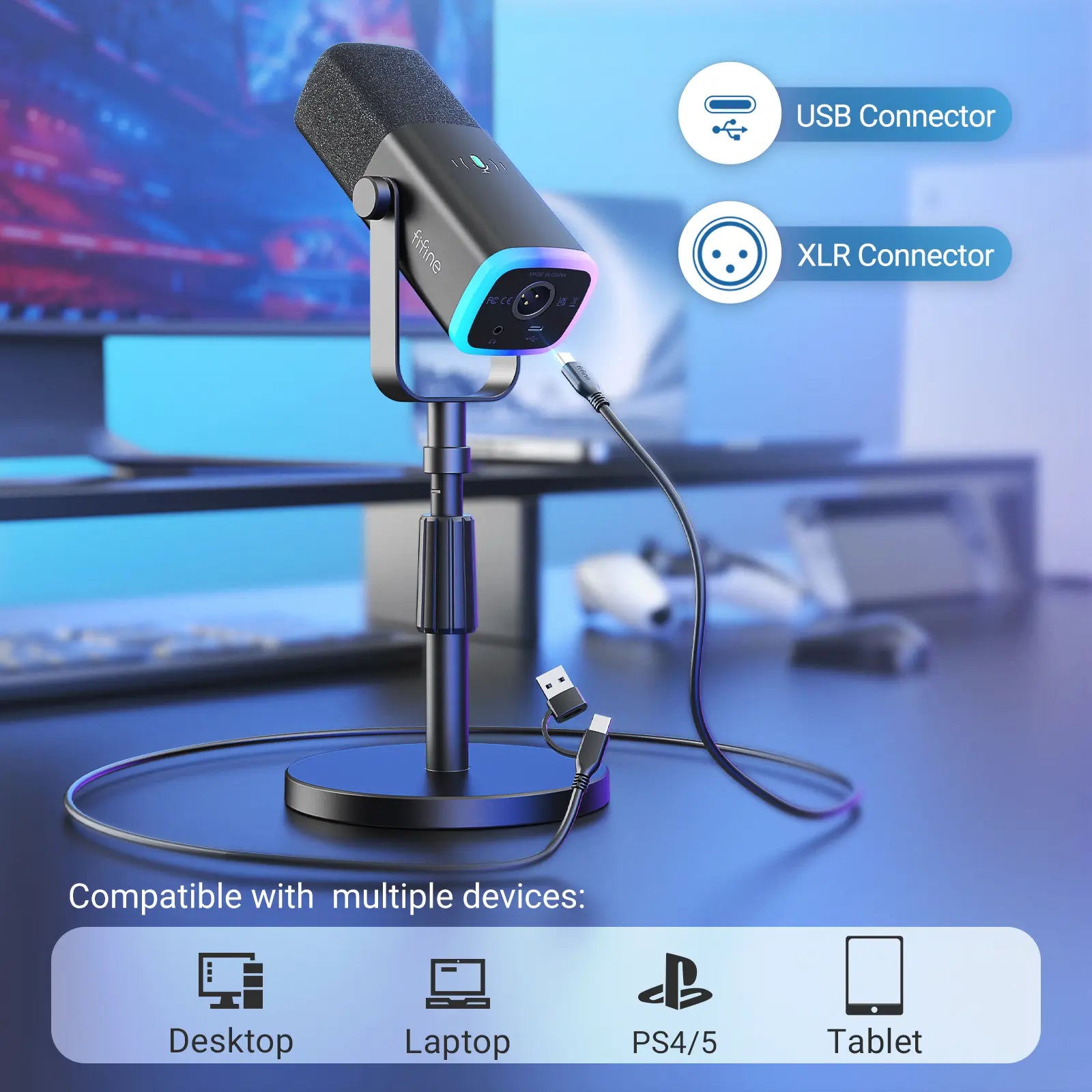 Fifine AM8S Gaming Microphone with Adjustable Stand, Height Adjustable Heavy-Duty Metal Stand, RGB Dynamic Mic with Quick Mute, Gain Volume Control, Headphone Jack, XLR/USB for Podcast, Streaming, Recording, PC PS5 Gamer, Audio Interface Mixer, Smartphone