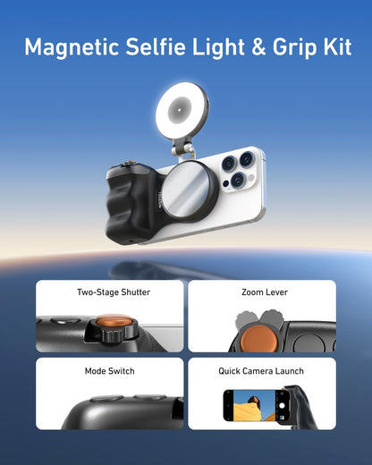 Fun Shot Magnetic Phone Camera Grip+ C03 Magnetic Selfie Light Creator Kit Compatible with Iphone Magsafe & Android, Bundle Kit for Selfies/Photography/Tiktok/Zoom Calls/Video (Black)