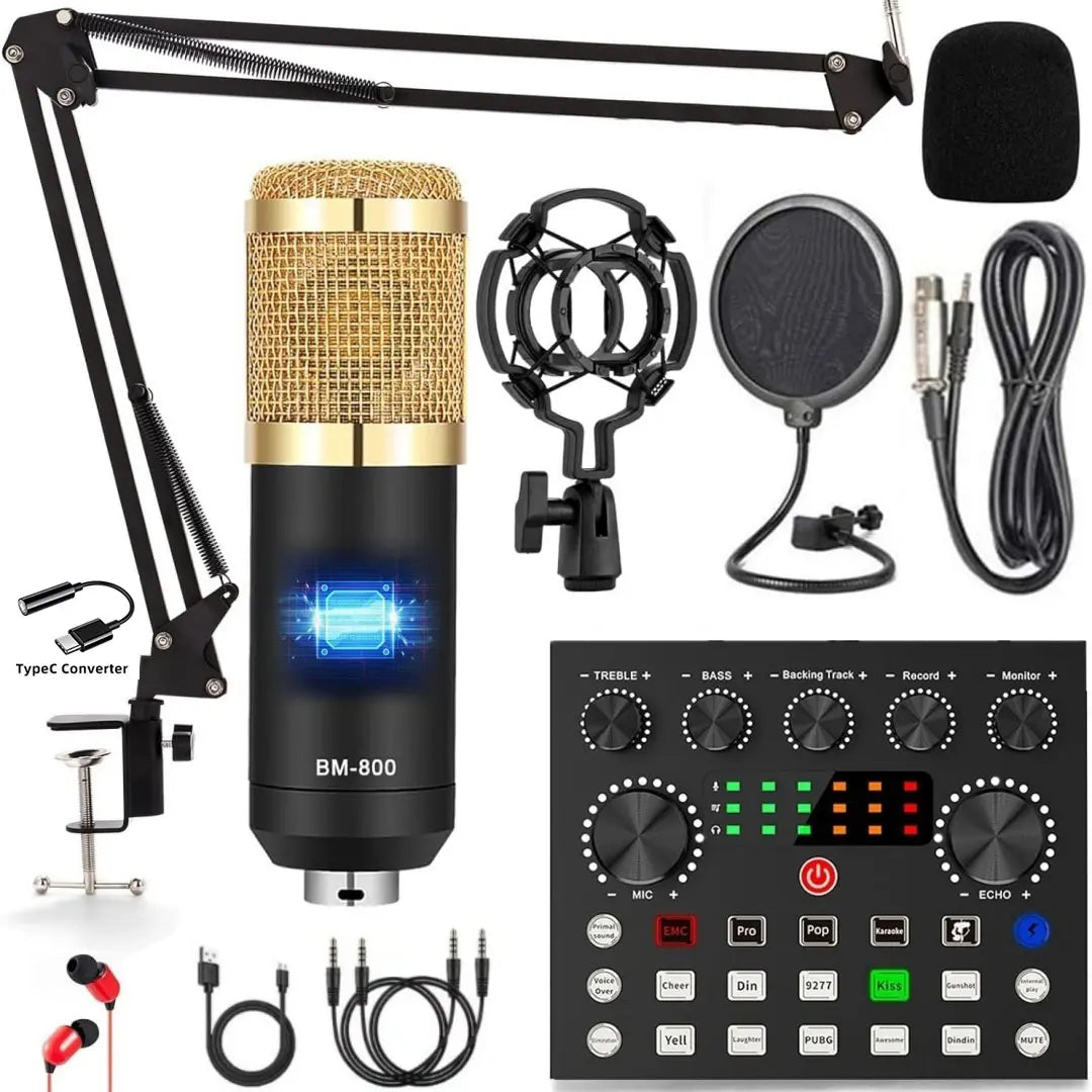 Safring Podcast Equipment Bundle, BM800 Podcast Usb Rechargeable Microphone Bundle with V8S Voice Change#R, Condenser Microphone Recording Studio Package for Podcasting Live Streaming Singing Tiktok Youtube Dynamic Mic Sound Card Desk Clamp #Summervibes