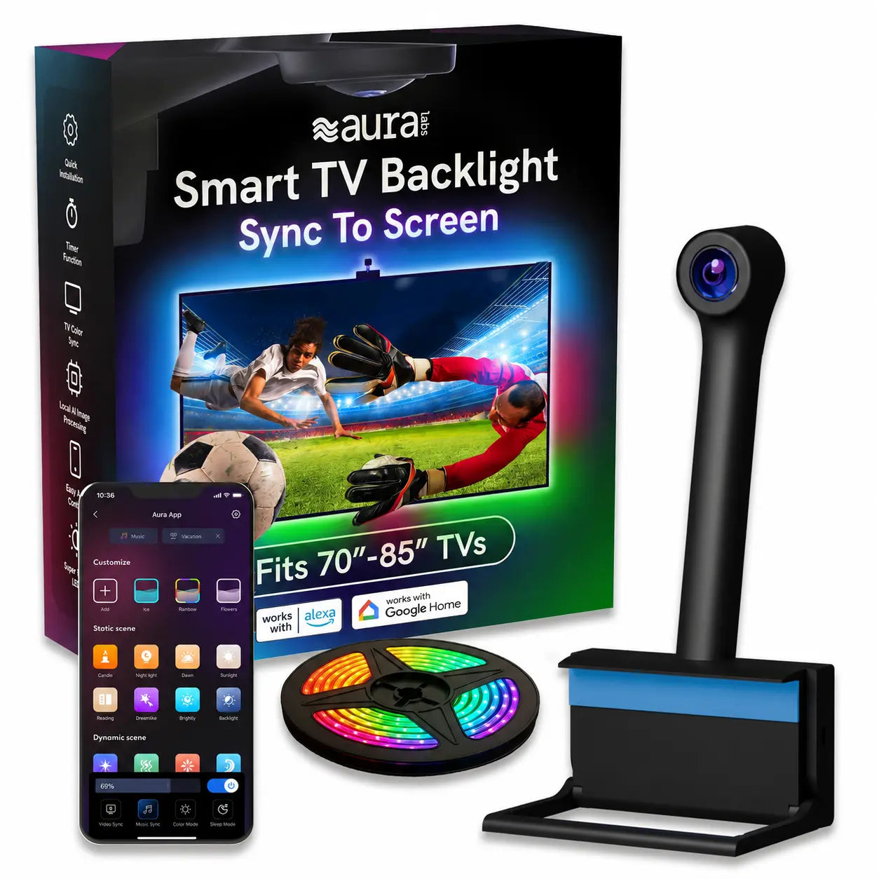Aura TV Backlight for 40-85In TV LED Light Strip with Color Sync Technology for Immersive TV Light Adjustable RGBIC Lighting Music Visualizer App Control Customizable Scenes