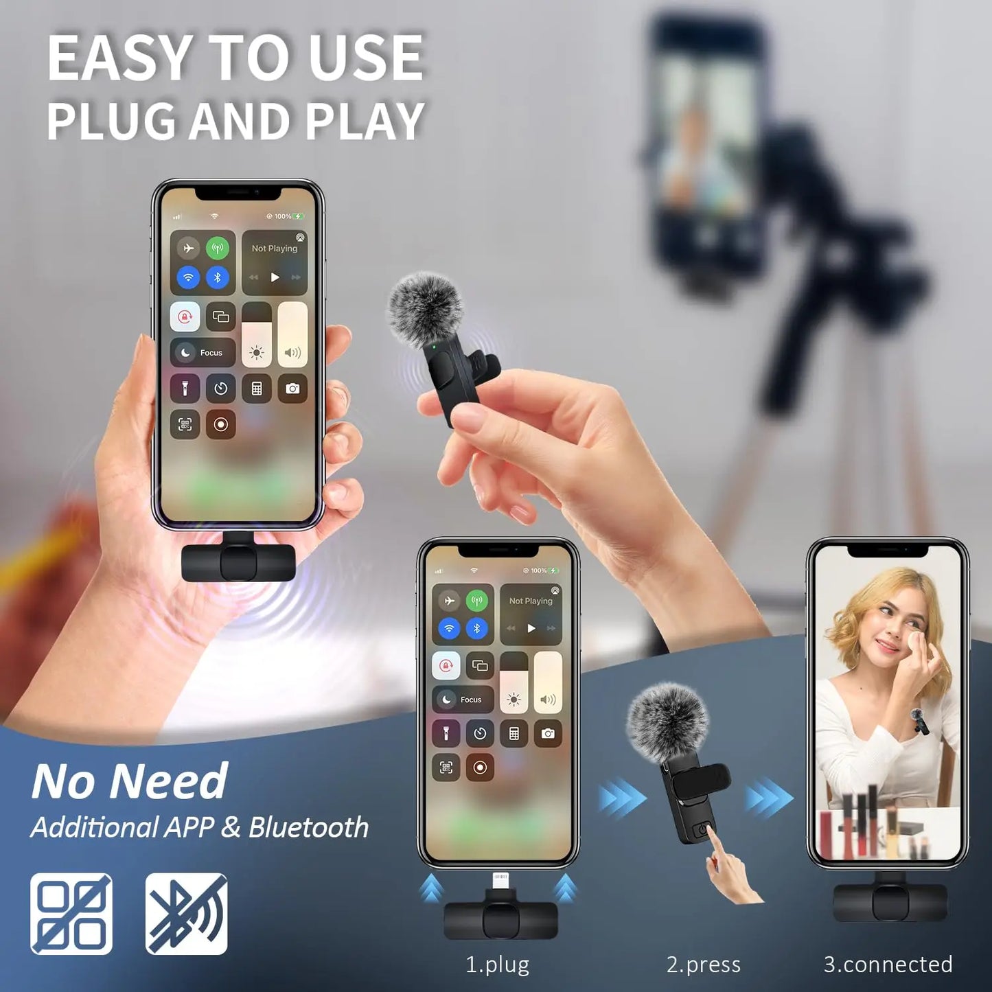 Tiktok,2 Pcs Professional Wireless Lavalier Lapel Microphone for Iphone, Ipad - Cordless Omnidirectional Condenser Recording Mic for Vlogging Interview Video Podcast Vlog,Smartphone Accessories Audio Wireless Lavalier Receiver Live Streaming