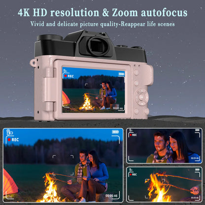 4K 56MP Vlogging Camera with 180° Flip Screen, Compact Camera with 16X Digital Zoom, 32GB TF Card, Summer Gift(Black)