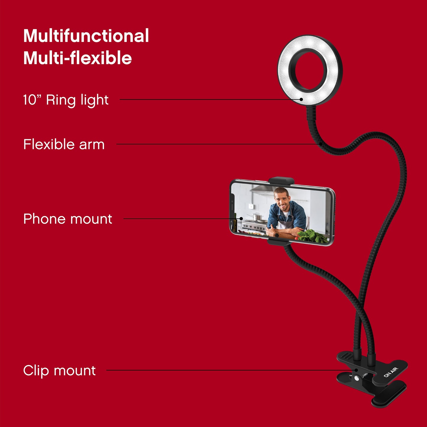 Flex Duo - 3.5’’ LED Ring Light with Stand and Phone Holder, Two Flexible Arms, Multi-Color
