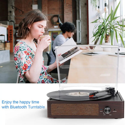 Vinyl Record Player, Turntable with Built-In Bluetooth Receiver & 2 Stereo Speakers, 3 Speed 3 Size Portable Retro Record, Gift for Women and Men