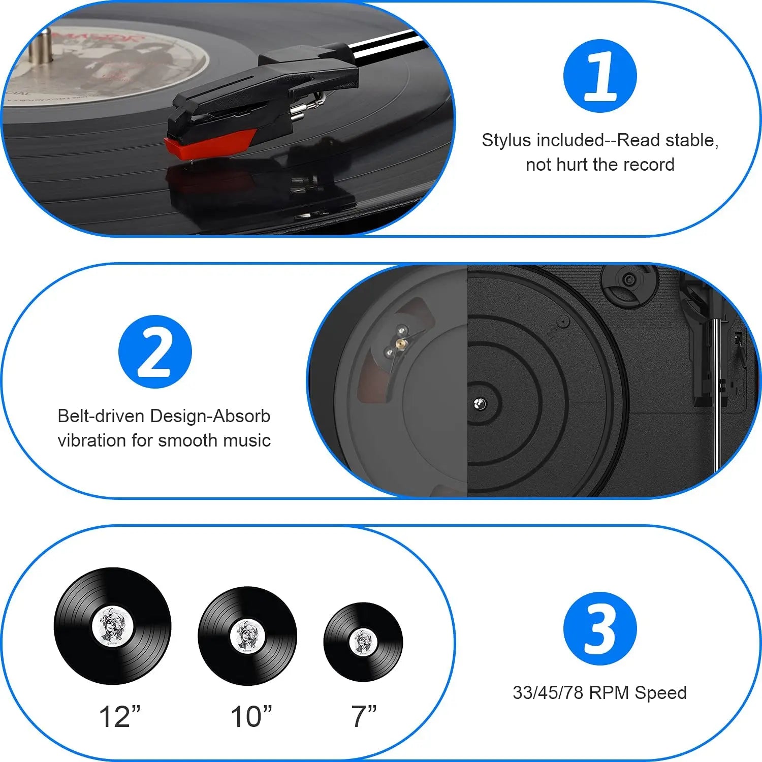 Vinyl Record Player, Turntable with Built-In Bluetooth Receiver & 2 Stereo Speakers, 3 Speed 3 Size Portable Retro Record, Gift for Women and Men