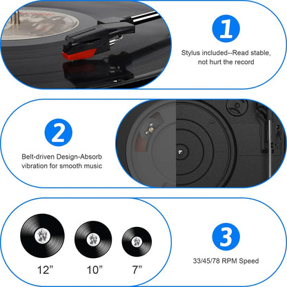 Vinyl Record Player, Turntable with Built-In Bluetooth Receiver & 2 Stereo Speakers, 3 Speed 3 Size Portable Retro Record, Gift for Women and Men