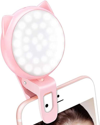Selfie Clip on Ring Light, Mini Rechargeable 9 Level Adjustable Brightness Modes with 32 LED, 2-8 Hours, USB Flash Lighting for Iphone/Android, Cell Phone Photography,Video, Vlogging - Pink