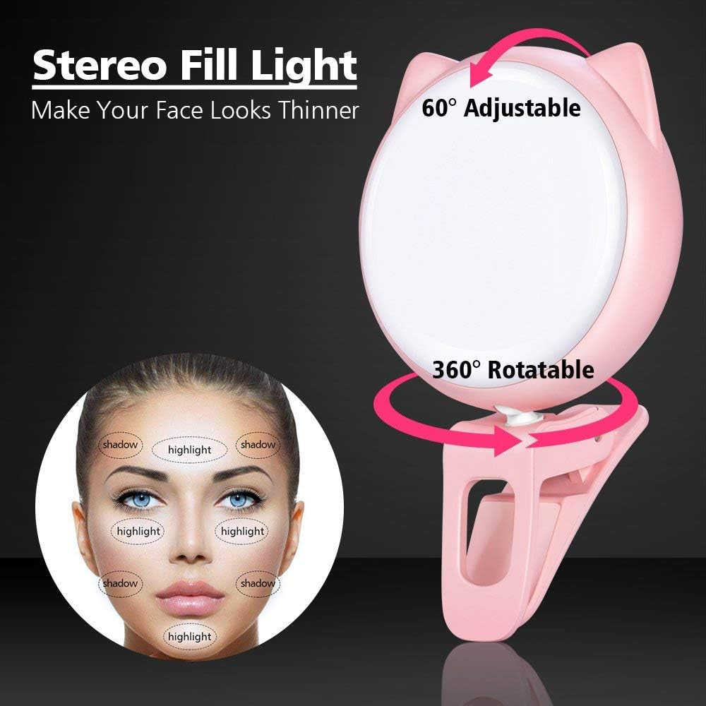 Selfie Clip on Ring Light, Mini Rechargeable 9 Level Adjustable Brightness Modes with 32 LED, 2-8 Hours, USB Flash Lighting for Iphone/Android, Cell Phone Photography,Video, Vlogging - Pink