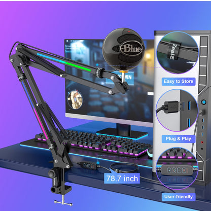 RGB Microphone Boom Arm Stand, Adjustable Heavy Duty Metal Desk Mic Arm for Gaming, Streaming and Content Creation