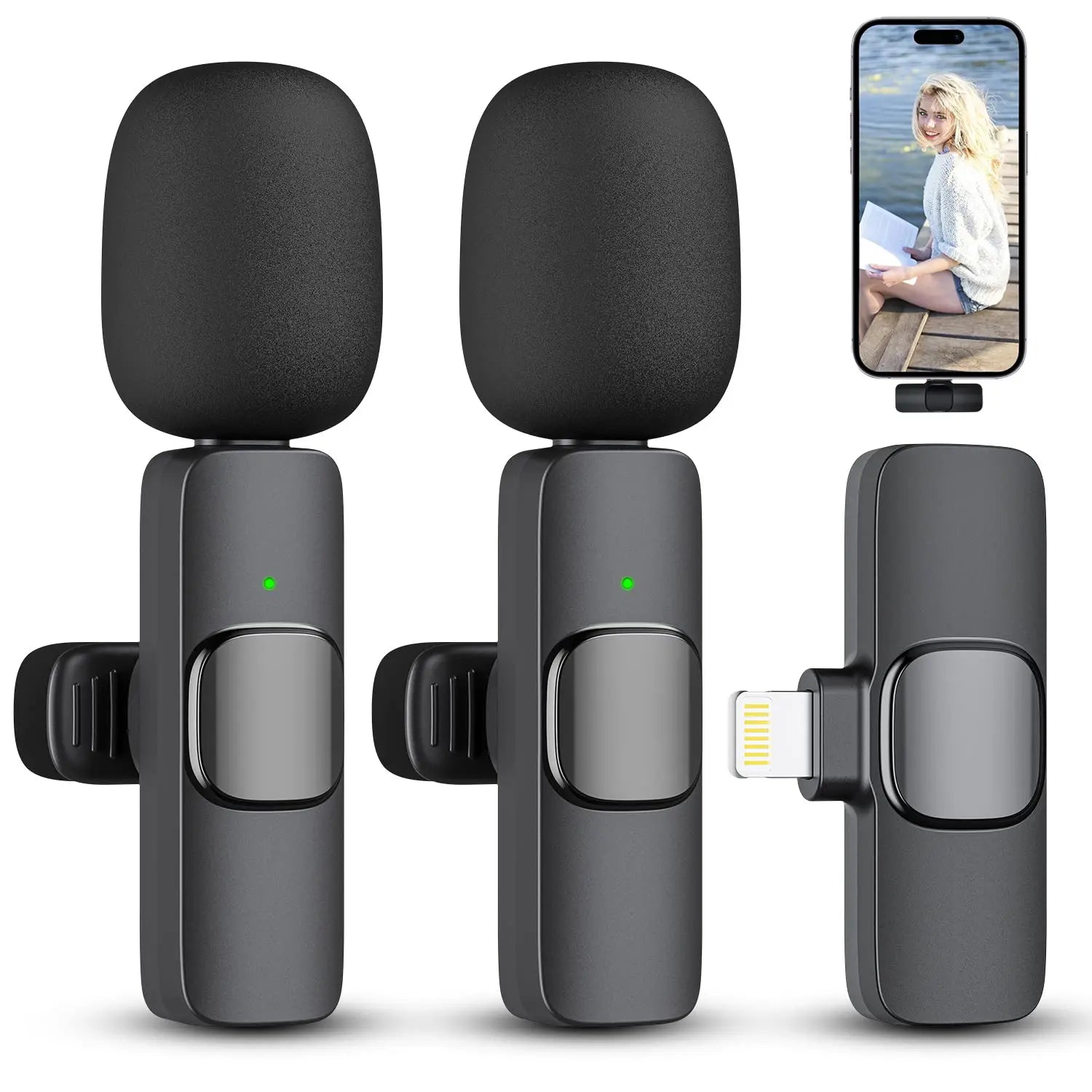 Dual Wireless Lavalier Microphone Set for iPhone and iPad, Plug-and-Play 2.4G Ultra-Low Latency with Integrated Noise Reduction for Video Recording, Interviews, Podcasts, and Vlogs